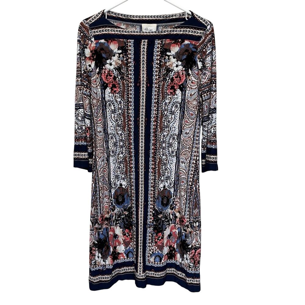 Beige By Eci | Floral Print 3/4 Sleeve Midi Dress Poly Blend Stretch Size 6 Boho